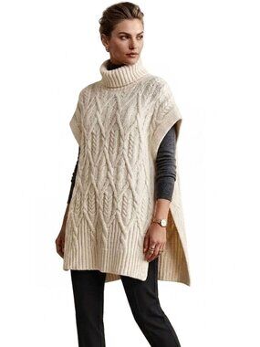 Theory Boseley Cable Knit Turtleneck Poncho / Vest, Cream, Womens Size Small
